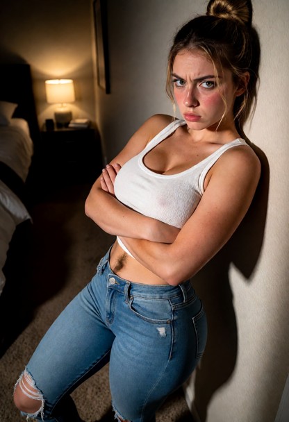 Location: dimly lit bedroom at night with soft shadows stretching across the carpet and warm, low light catching the …