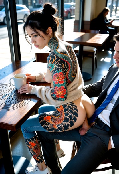 Location: bright morning in a bustling campus coffee shop with large glass windows letting in harsh, direct sunlight,…