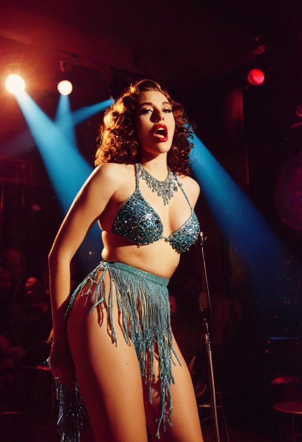 summary: a glamorous 1950s burlesque performer with curly hair stands on a nightclub stage in a jeweled bikini,captur…