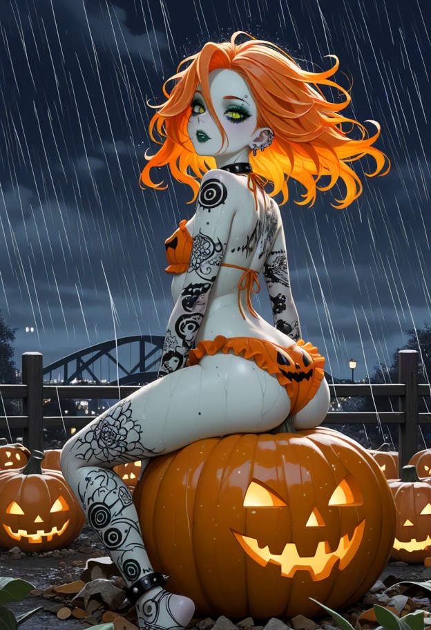 pumpkin queen,pumpkin bikini,sitting on a pumpkin,pumpkin patch,pumpkin-shaped scarecrow,night,wind,clouds,rain