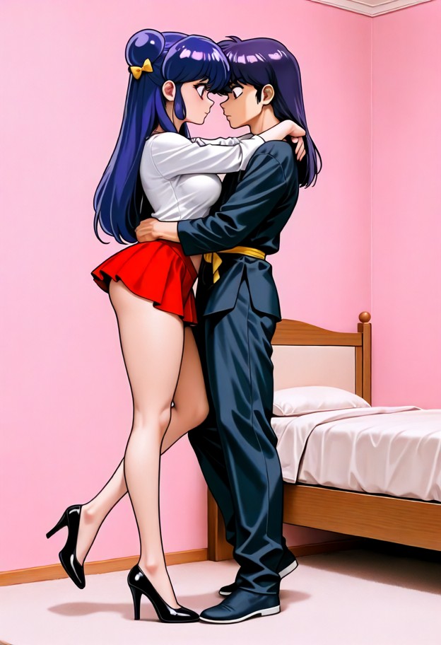 1girl,1man,ranma saotome from ranma 1/2 anime,hug,hug with one leg,marin stands in bedroom twerking in super short pl…