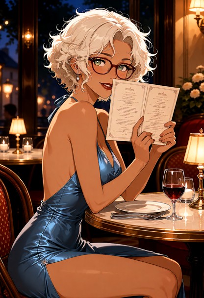 Location: late evening inside a cozy French bistro where warm candlelight flickers from small tabletop lamps and soft…