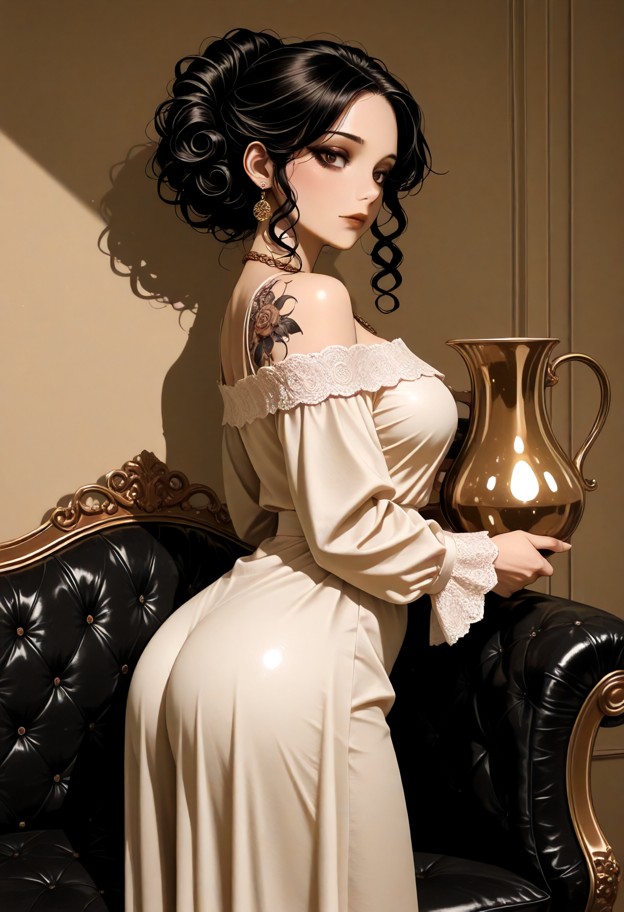 a sepia-toned,vintage studio portrait of a young woman with dark,curly hair styled in an updo with a few tendrils fal…