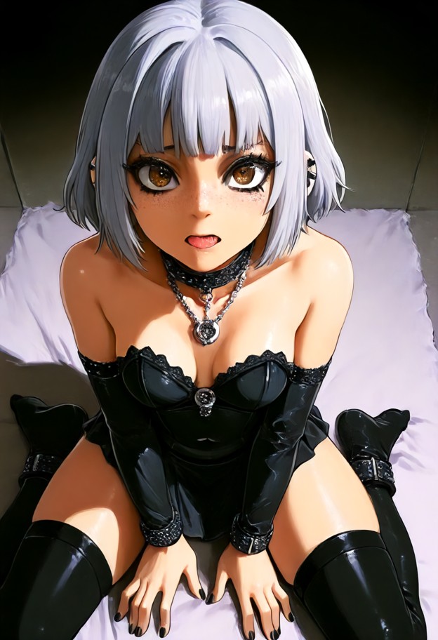1girl kneeling on stone floor looking up at viewer with wide eyes and orgasm face,licking her lips with semen drippin…
