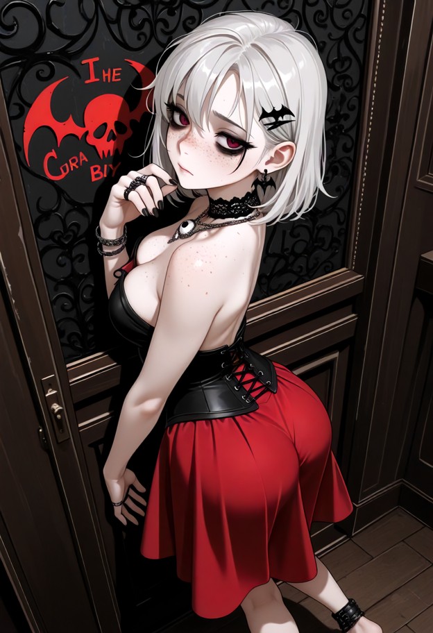 she is standing in a magical she is pose with a sweat drop and nervous expression,black lace corset,red silk skirt,di…