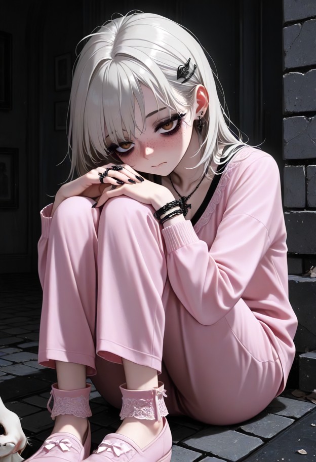 1girl in abandoned castle corridor,sitting on cold stone floor,hugging herself,pink pajama with white rabbits,looking…