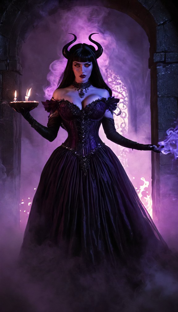 shadow queen emerging from a portal into the underworld,towering obsidian gates,floating candles,rivers of purple fir…