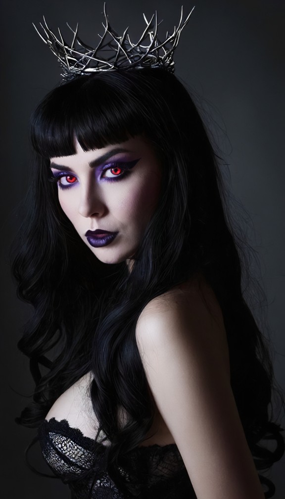 close-up portrait of a beautiful shadow queen,porcelain skin,luminous violet eyes,black lips,delicate crown of thorns…