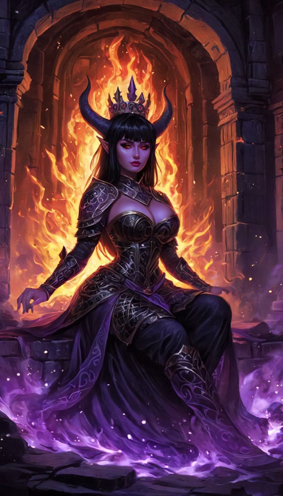 powerful shadow queen seated on an enormous black crystal throne,regal obsidian crown,intricate armor,swirling darkne…