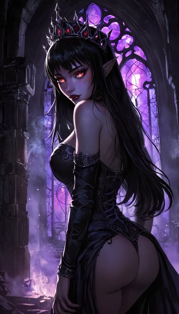 majestic shadow queen standing in a ruined gothic throne room,flowing black gown dissolving into smoke,crown made of …