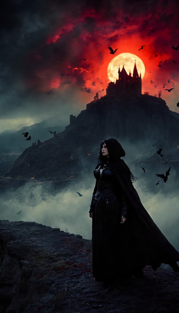 shadow queen standing on a cliff beneath a blood-red moon,enormous black ravens circling overhead,wind-blown cloak,di…