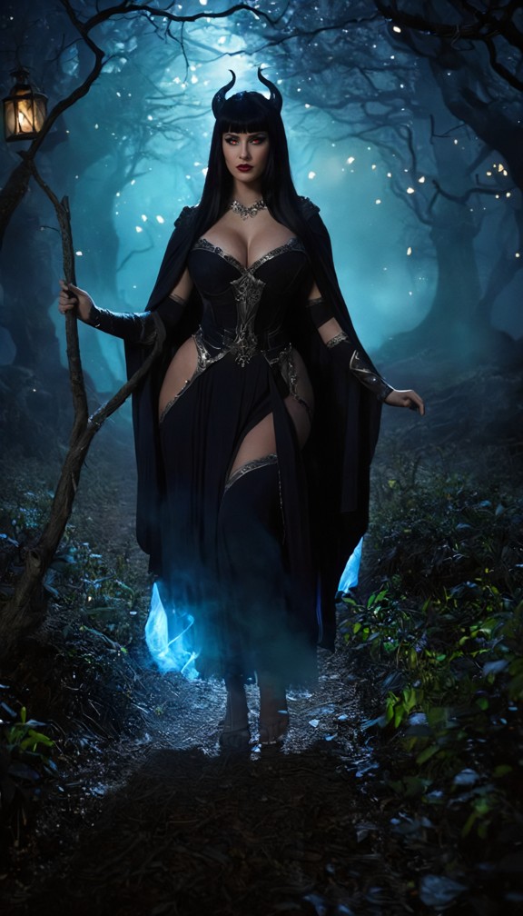 mysterious shadow queen walking through an ancient enchanted forest,long silver-black hair,elegant cloak made of livi…