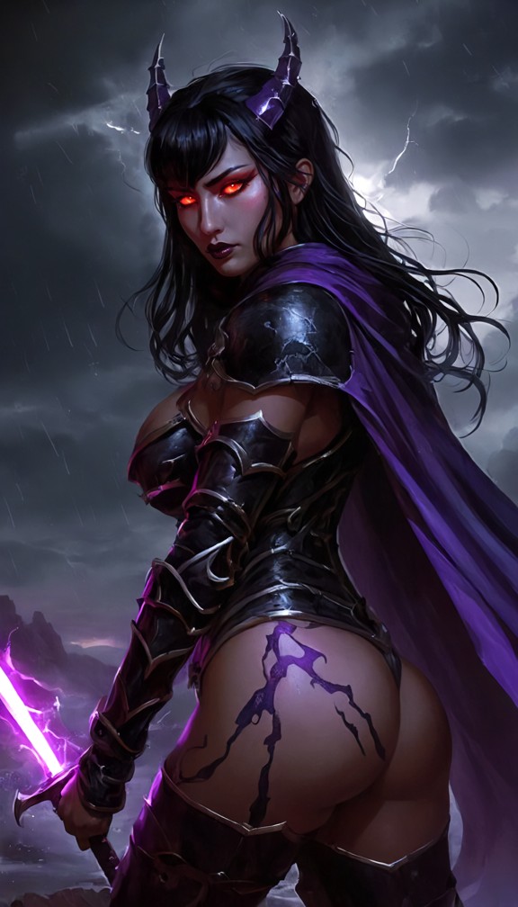 fierce shadow queen in elegant black armor,holding a long sword forged from darkness,glowing violet cracks across the…