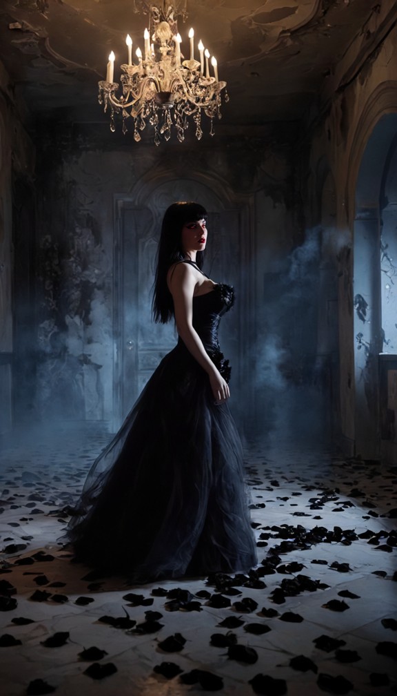 shadow queen dancing alone in an abandoned royal ballroom,black silk gown trailing into smoky tendrils,ghostly chande…