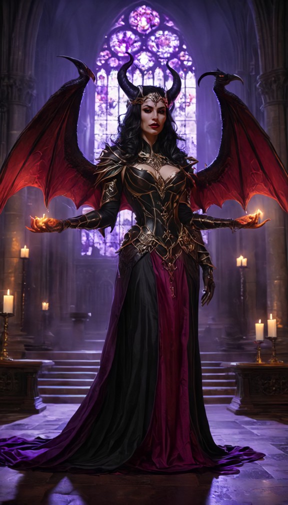 saline,head judge of the succubus court,standing beside gigantic enchanted scales weighing temptation against broken …
