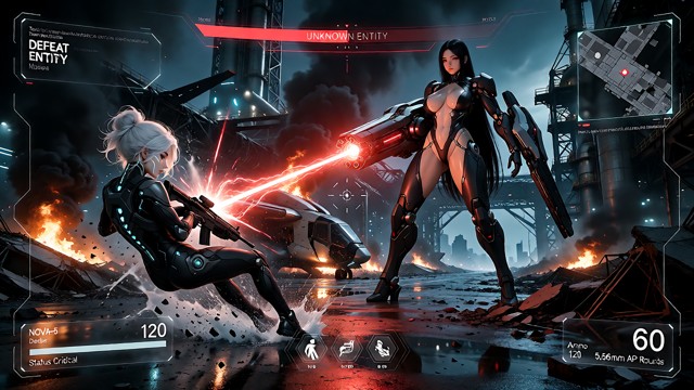 IMAGEN DE GAMEPLAY — NOVA-5/eX: BLACK DIRECTIVE TIPO DE IMAGEN: Captura de gameplay de un shooter AAA de ciencia ficc…