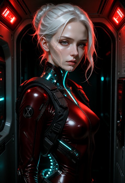 Location: dim interior of a spacecraft airlock with metallic walls, red warning lights casting a harsh glow, and the …