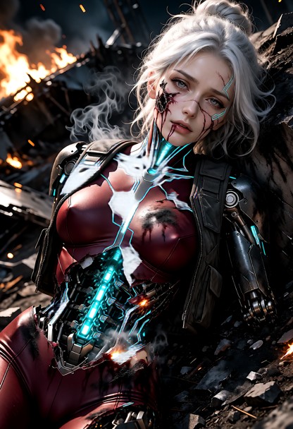 she is wearing a skin tight garnet combat bodysuit and a heavy reinforced utility vest, and a glowing cyan conduit in…