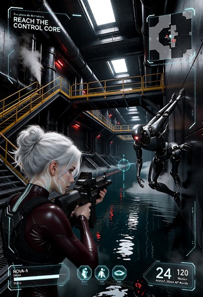 ESCENA Captura vertical de gameplay de un videojuego de acción y ciencia ficción en tercera persona. Interior de una …