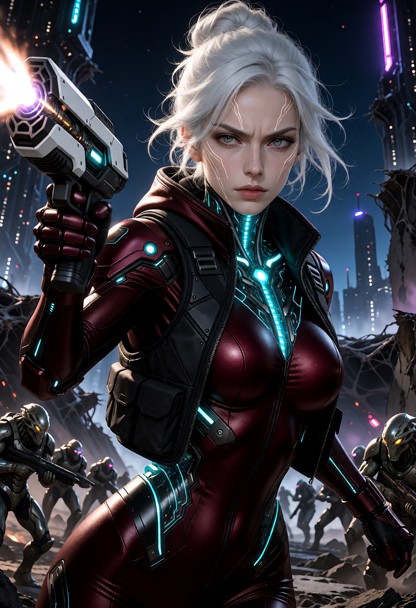 she is wearing a skin tight garnet combat bodyduit and a heavy reinforced utility vest, and a glowing cyan conduit in…