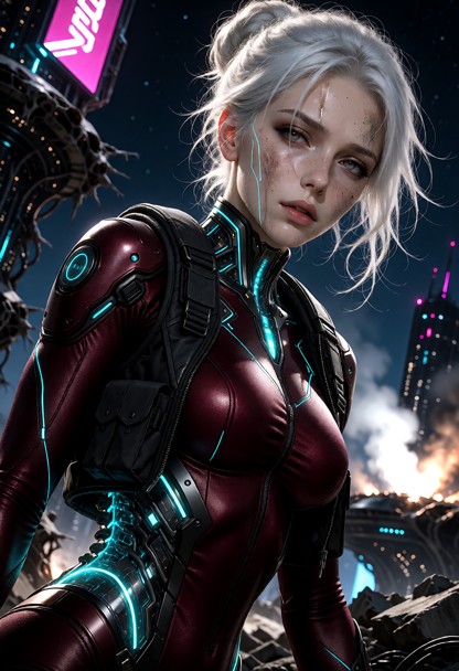 she is wearing a skin tight garnet combat bodyduit and a heavy reinforced utility vest, and a glowing cyan conduit in…