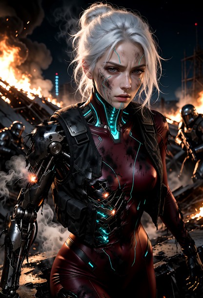 she is wearing a skin tight garnet combat bodysuit and a heavy reinforced utility vest, and a glowing cyan conduit in…