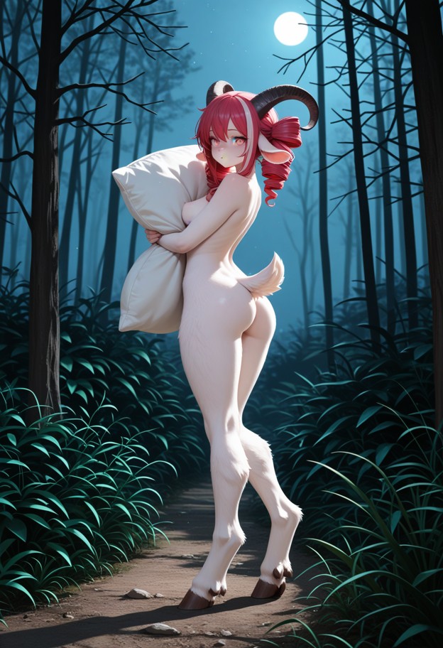 she is standing in the dark forest clearing reaching out an arm,fuzzy white goat onesie,holding pillow,dark forest cl…