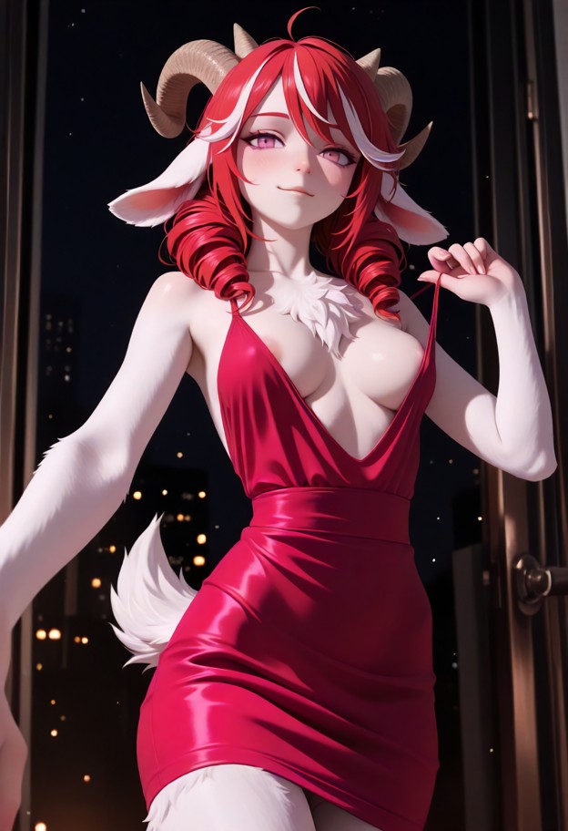 solo,wearing dress,pulling bra down (revealing nipples) front view,facing viewer,flirty,subtle smile,direct gaze,soft…