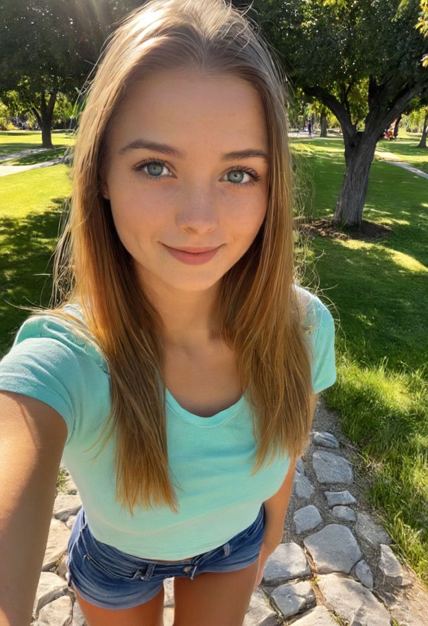 she is is standing on the path,blue cotton t-shirt,denim shorts,sunny public park,green grass,large trees,stone walki…