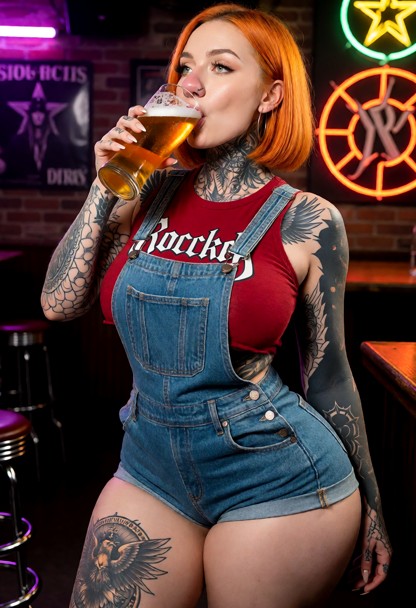 clothing : she is wearing a denim overalls with a red rock-style crop top. background : in a 90's rock bar. she drink…