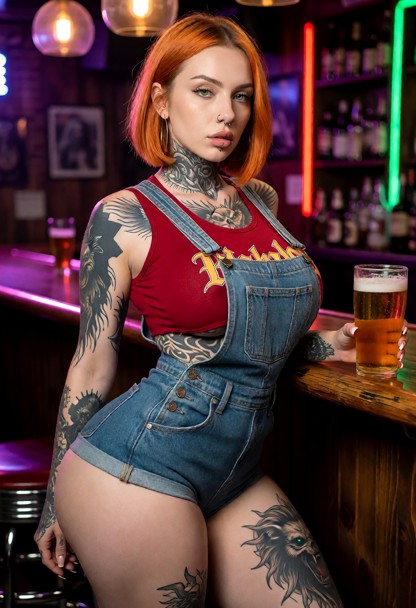 clothing : she is weaeing a denim overalls with a red rock-style crop top. background : in the 90's rock bar. she is …