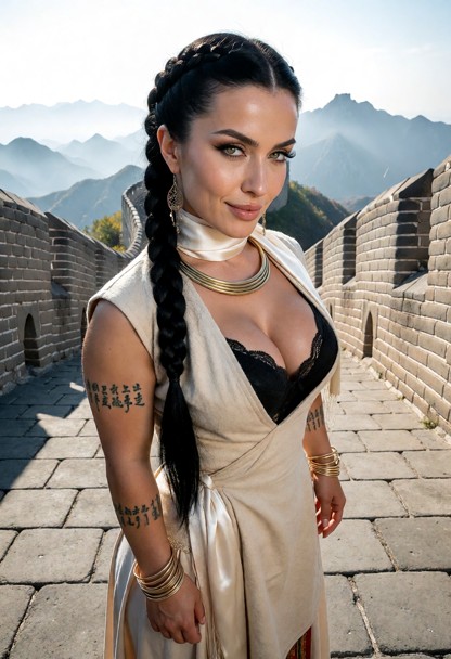 Location: bright daylight on the ancient stone walkway of the Great Wall, where the sun-drenched weathered masonry st…