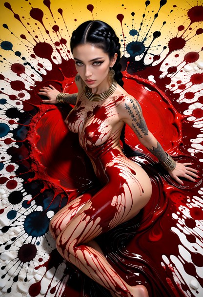L'image présente une composition abstraite et spectaculaire, dominée par le rouge et des éclaboussures de couleurs so…
