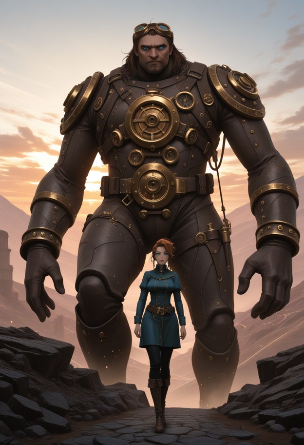 a wide landscape shot at dusk. a woman standing on a cliffside,commanding the earth to rise. a colossal golem is emer…