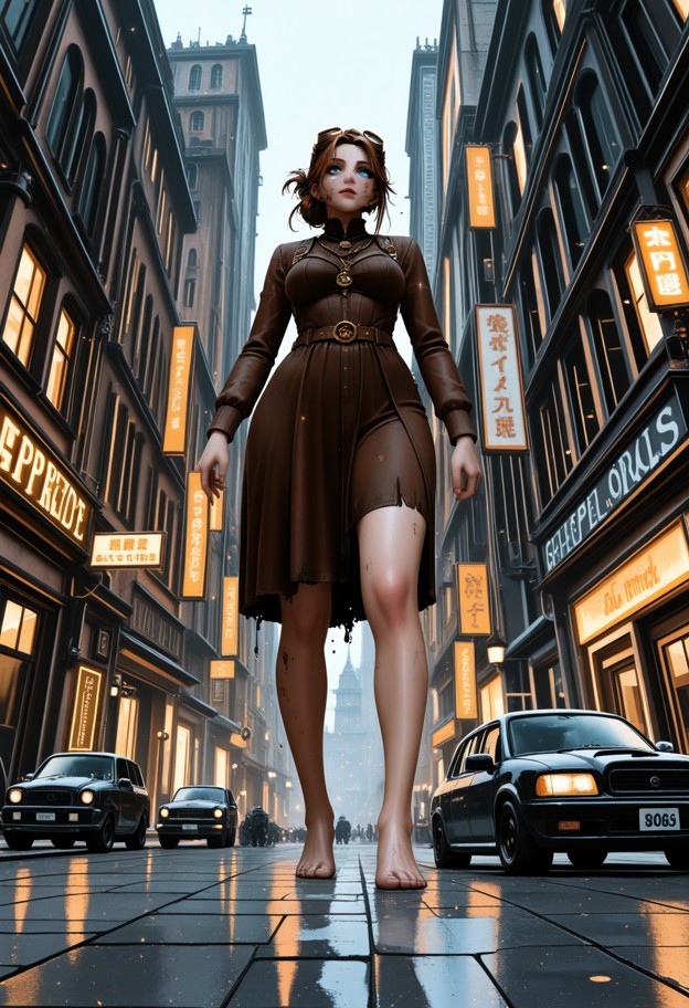 a colossal giantess walking through a narrow city street,her feet crushing tiny cars. her waist is higher than the ro…