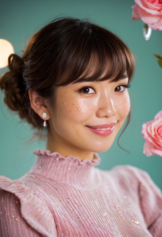 close-up head-and-shoulders portrait of a young asian woman with flawless dewy skin,subtle freckles,and glossy highli…