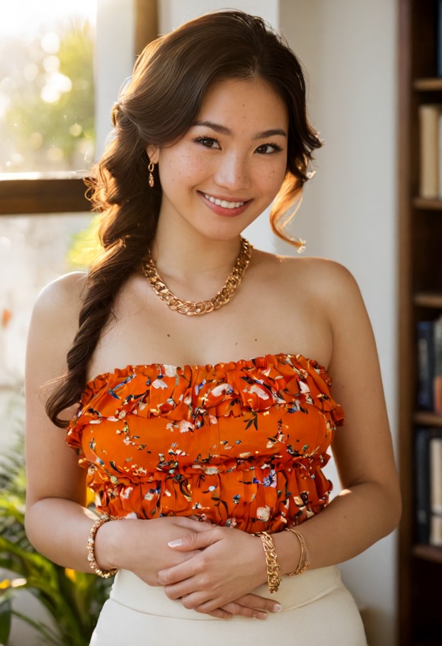 Portrait-focused photorealistic waist-up portrait of a graceful asian woman with long wavy brown hair, soft freckles,…