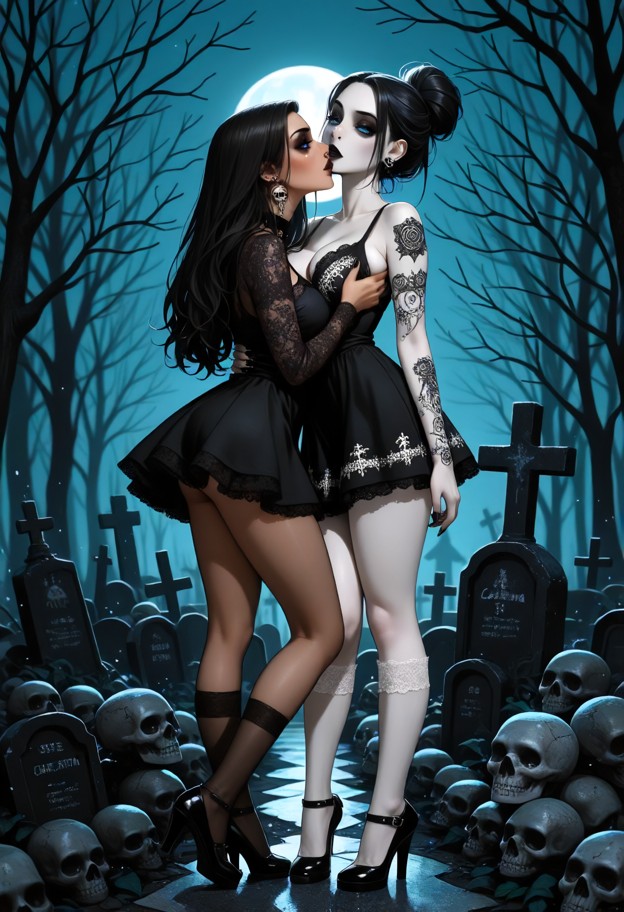 2girl,two women. one is la santa muerte,she is a 30s pale skinned mexican woman with long black hair,tall,long legs. …