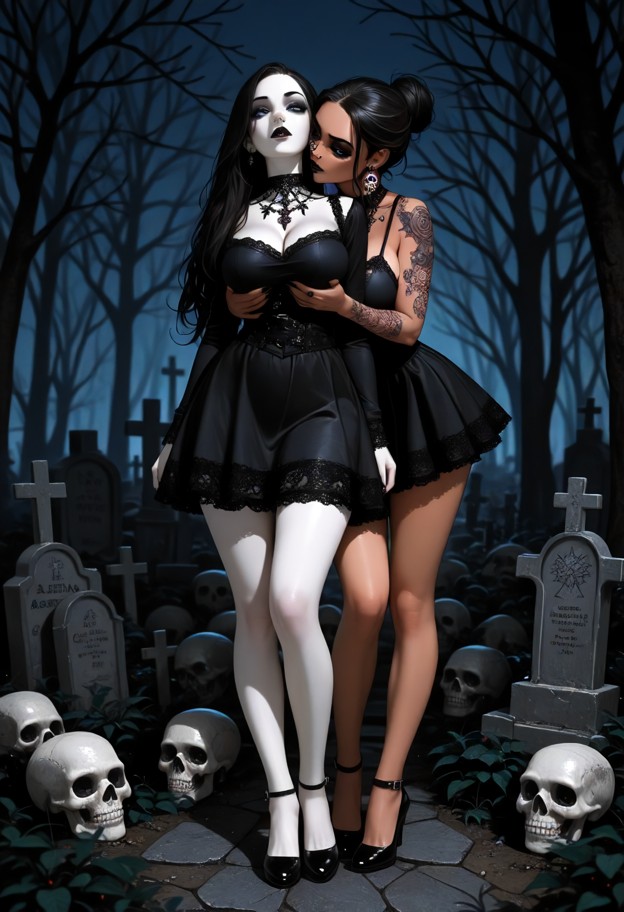 2girl,two women. one is la santa muerte,she is a 30s pale skinned mexican woman with long black hair,tall,long legs. …