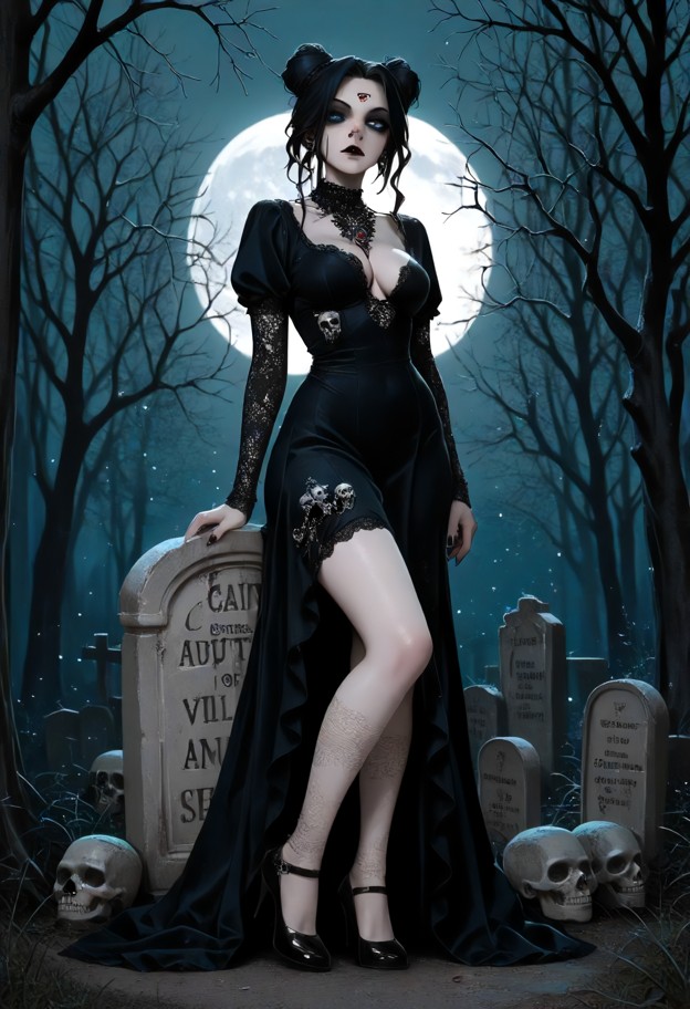 two women. one is la santa muerte,she is a 30s pale skinned mexican woman with long black hair,tall,long legs. red li…