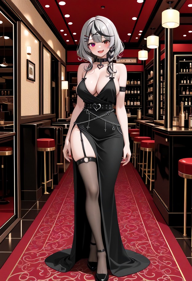 she is is standing in a fancy restaurant,elegant dress,luxury restaurant interior,full body,soft lighting
