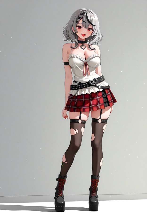 sakamata chloe is bouncing on her  with a happy expression,white camisole,red plaid pleated miniskirt,black garter st…
