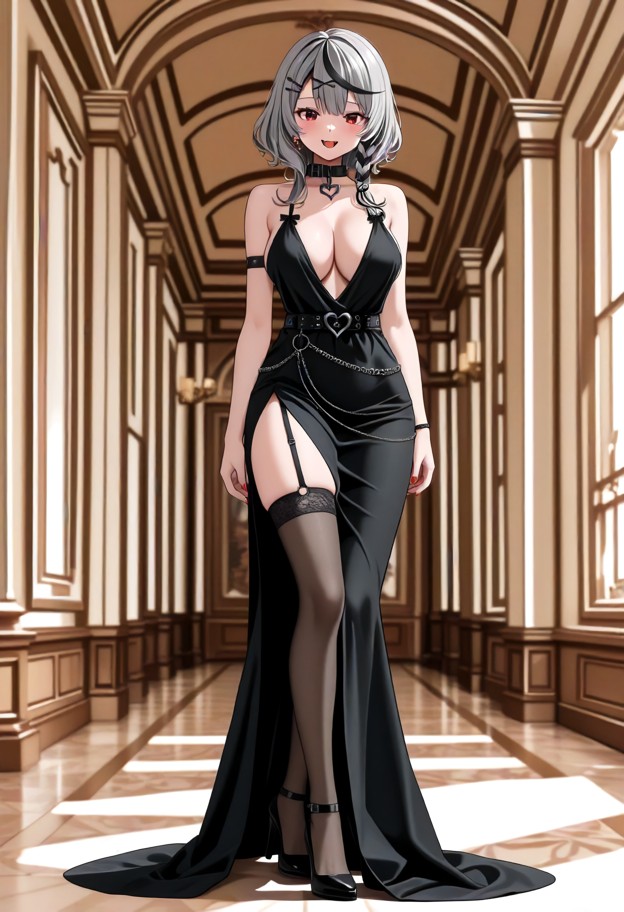she is is standing in a ballroom,evening dress,slit dress,stockings,high heels,ballroom,elegant interior,full body,so…