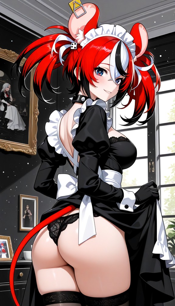1girl,underwear,panties,ass,breasts,maid,thighhighs,black_panties,solo,maid_headdress,enmaided,indoors,clothes_lift,p…