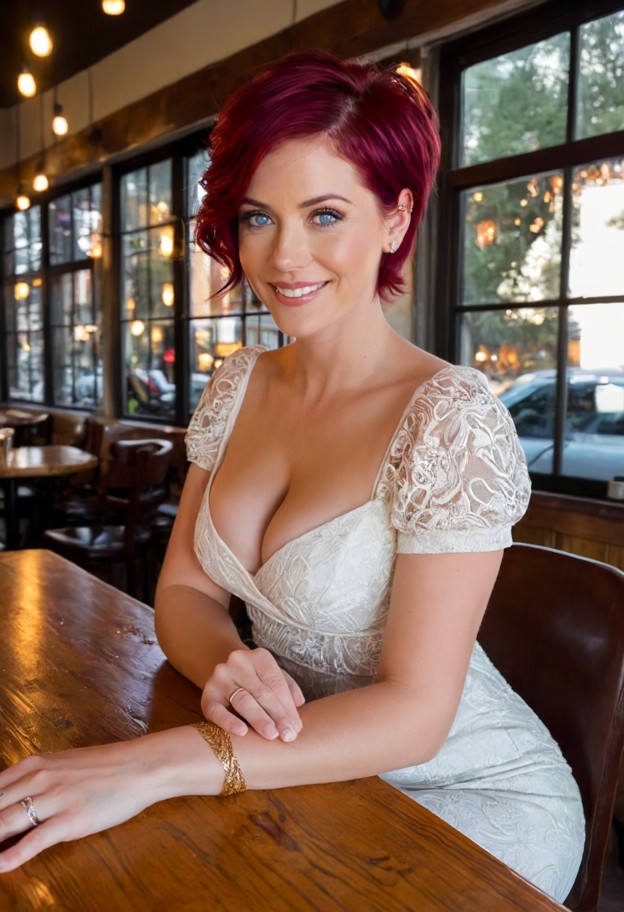 she is is sitting at a table leaning forward,smiling,silk blouse,gold ring,cozy cafe,wooden tables,large windows,soft…