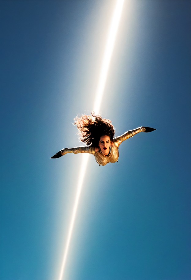 horizontal camera angle,sharp focus on a woman falling vertically headfirst through the sky:1.4,body oriented upside-…