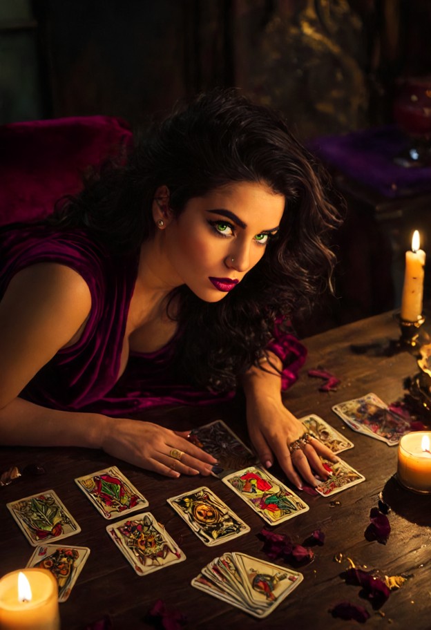 (overhead view:1.3),full length shot of a bohemian woman sitting at a table:1.2,preparing a tarot card reading:1.3,in…