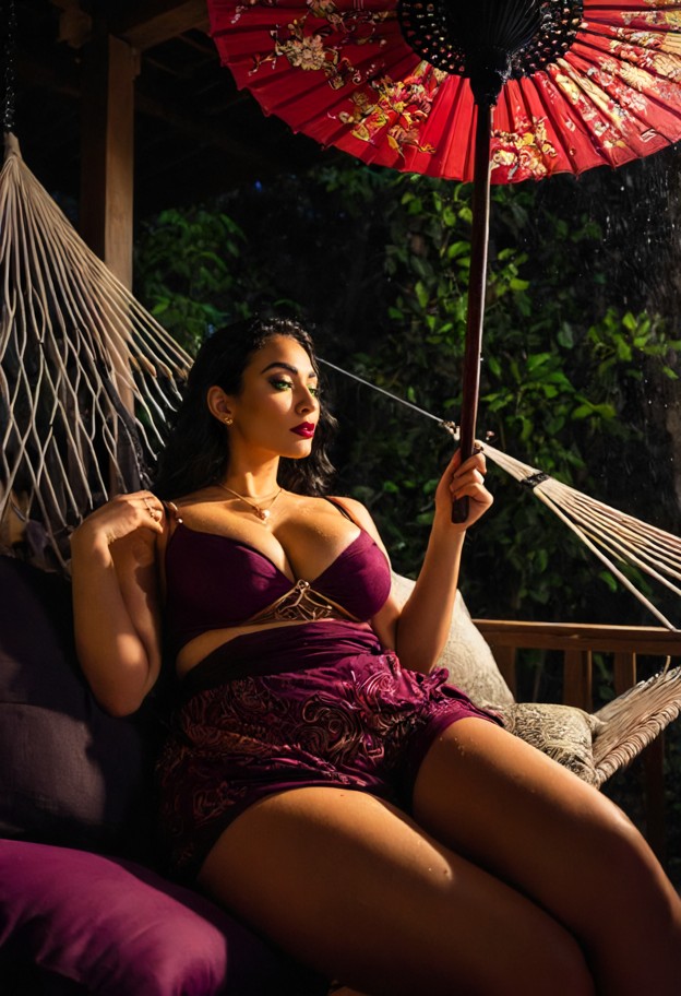 ((vertical 3/4 angle shot,cinematic lighting,heavy humid atmosphere)),a beautiful woman lounging lengthwise across th…