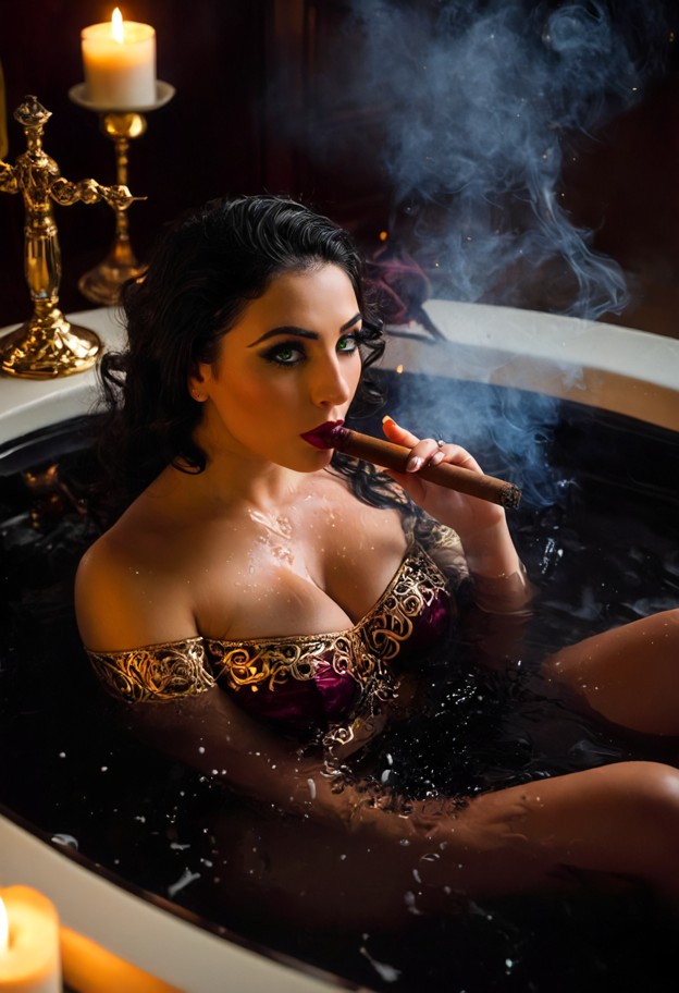 ((tight vertical composition,high-angle view,sultry decadent mood)),a gorgeous playful woman soaking in a luxurious t…