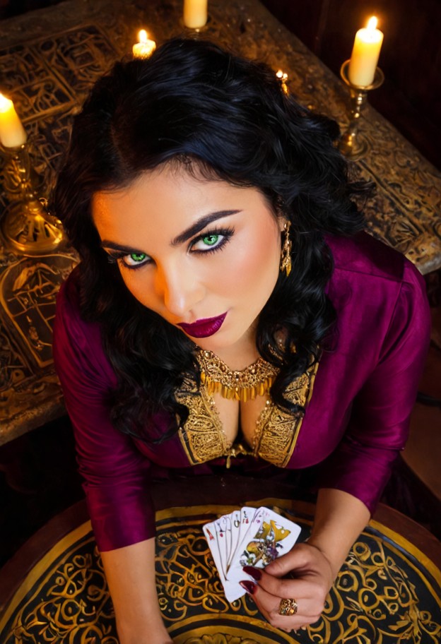 (looking down from above:1.4),wide shot of an elegant fortune teller woman sitting at an ornate table:1.3,tarot cards…